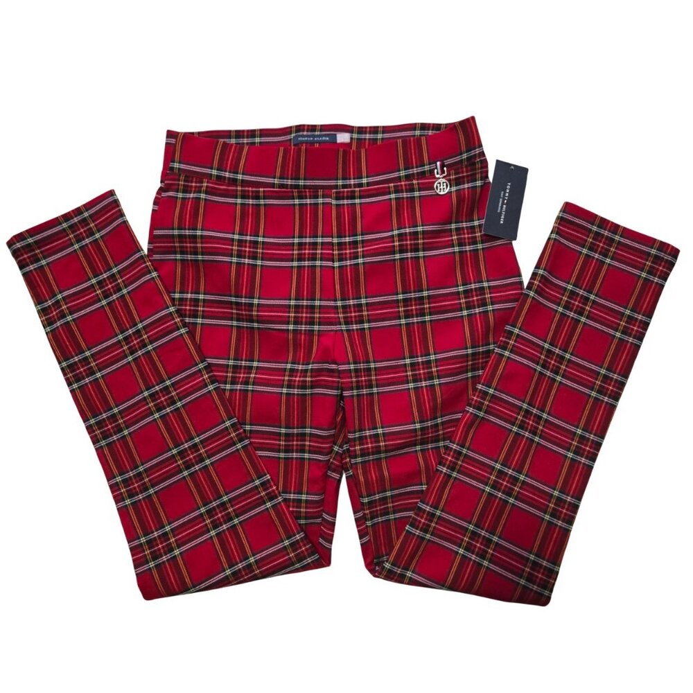 Tommy Hilfiger Women Red Plaid Slim Cut Stretchy Pants 8 NWT